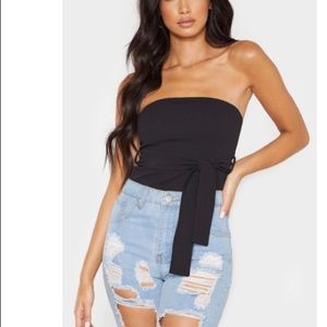 Black Crepe Tie Front Bandeau Top